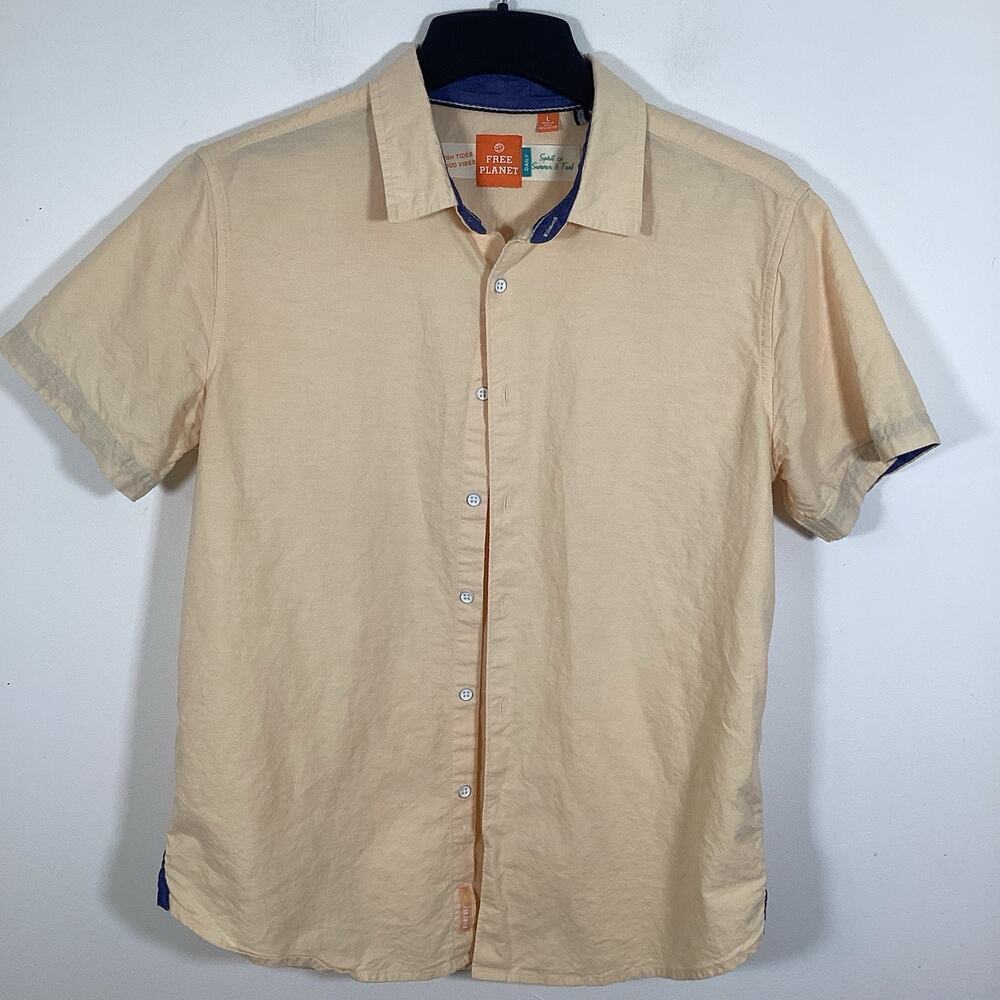 Free Planet Shirt Large Button Front Peach Tropical Short Sleeve Cotton Beach